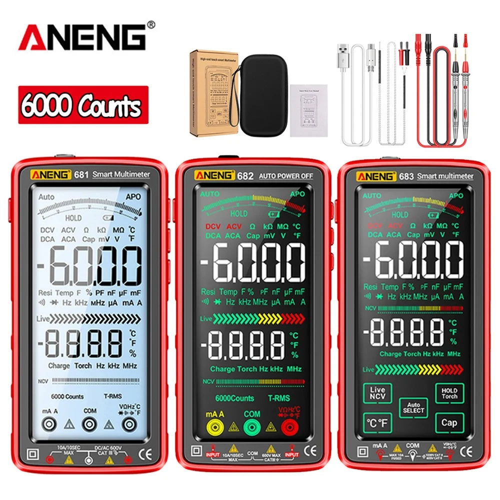 Rotes digitales Multimeter ANENG 681 und 682 mit Messfunktionen für DCV, ACV und Kapazität