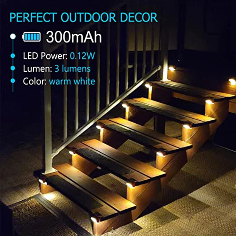 LED step lights illuminate a wooden staircase and outdoor path with warm white light.
