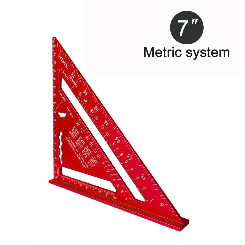 A red precision triangle square ruler used for measuring and marking in woodworking.