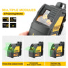 A Dewalt laser level tool with multiple modules and various line output modes shown in different orientations.