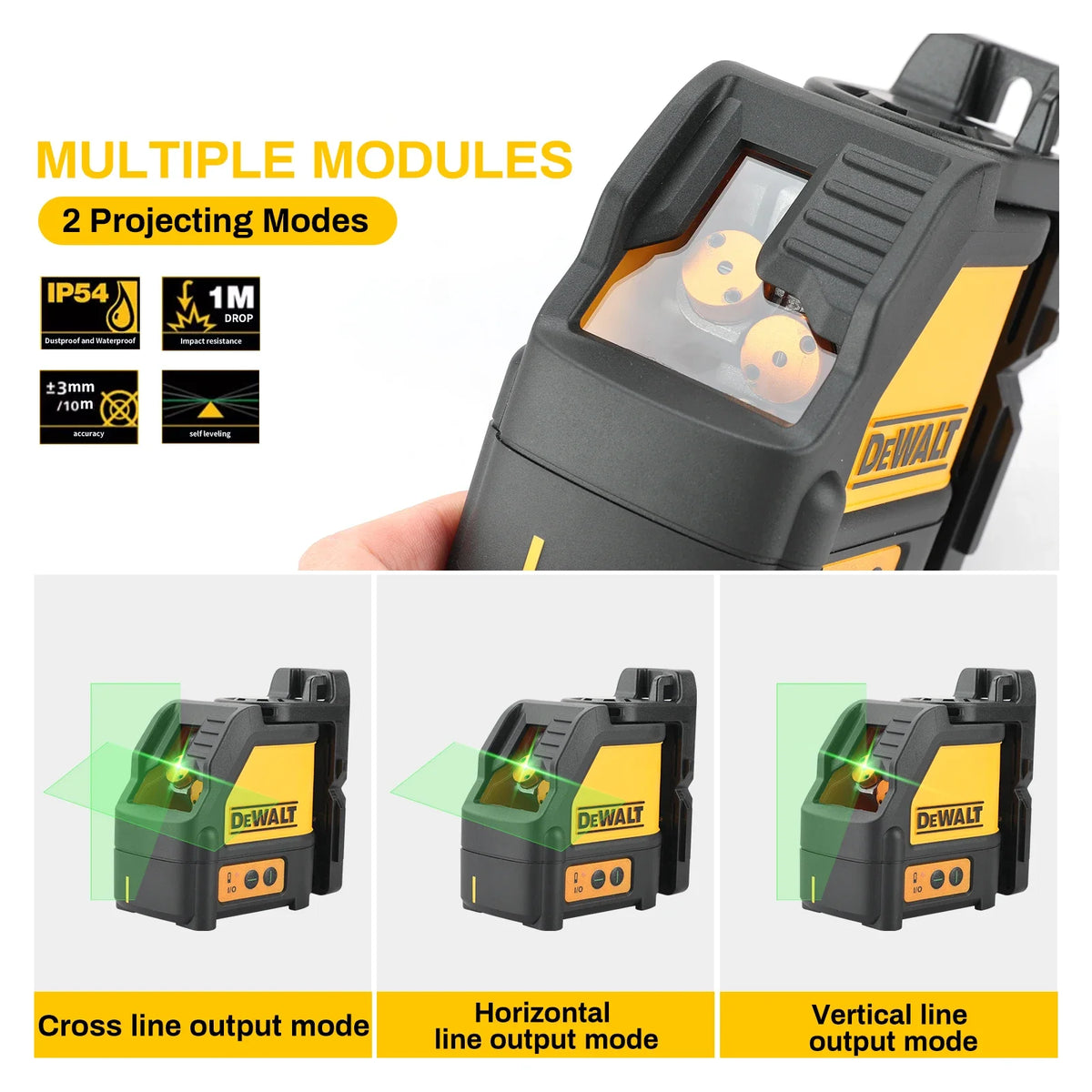 A Dewalt laser level tool with multiple modules and various line output modes shown in different orientations.