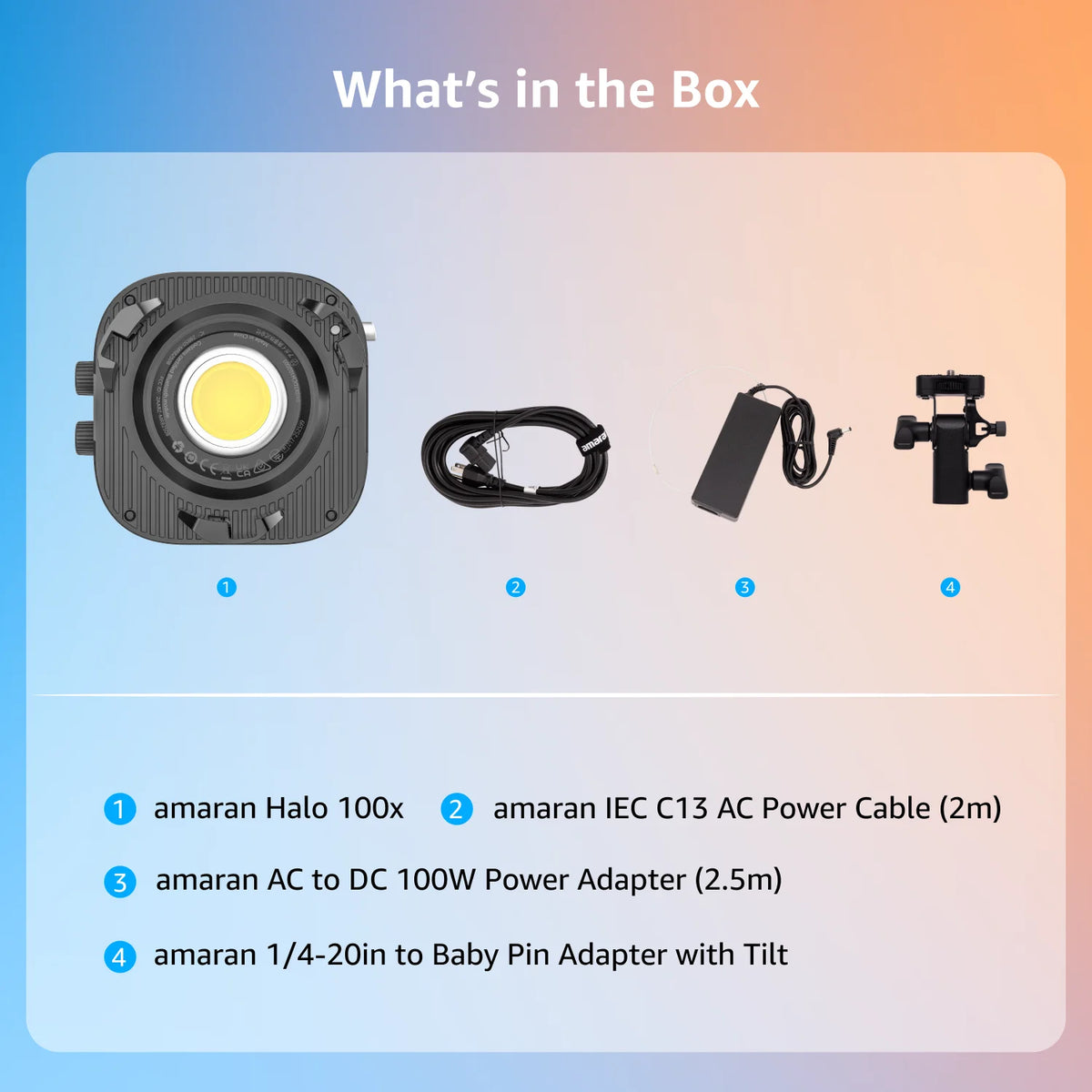 Box contents showing a professional bi-color LED video light, power adapter, AC cable, and a baby pin adapter.