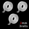 Three rolls of 2mm heavy duty double-sided reusable adhesive tape shown against a black background.