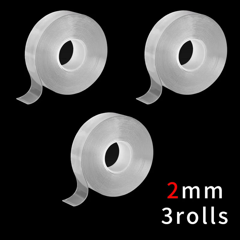 Three rolls of 2mm heavy duty double-sided reusable adhesive tape shown against a black background.