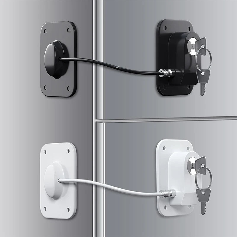 A black traceless adhesive safety lock is installed on a gray door or cabinet, showing the mechanism and keyhole.
