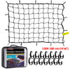 Black heavy-duty cargo bungee net with multiple bungee cords displayed on a flat surface