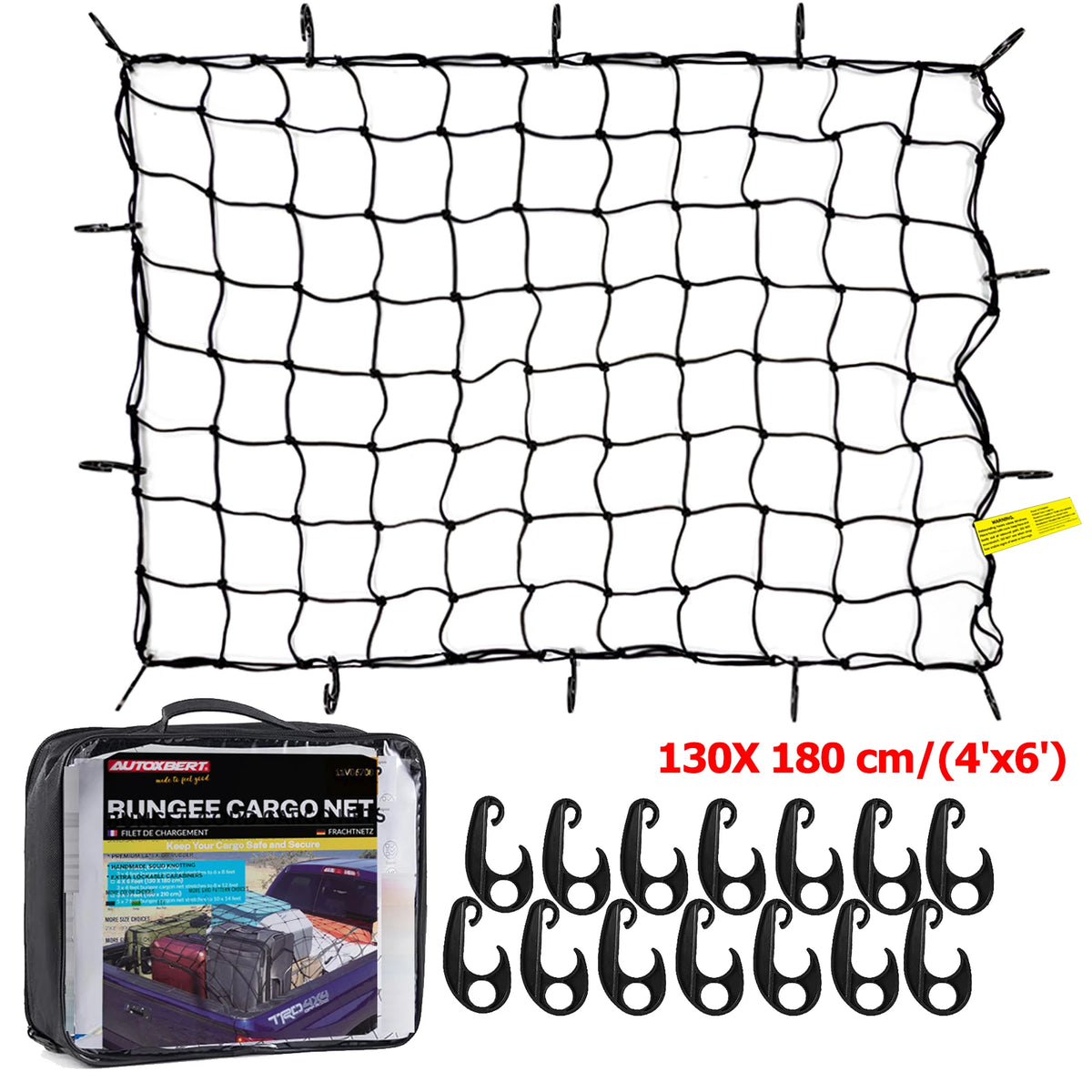Black heavy-duty cargo bungee net with multiple bungee cords displayed on a flat surface