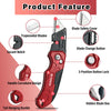 Diagram showing features of a red utility knife including trapezoidal blades, safety cover, and button locks.