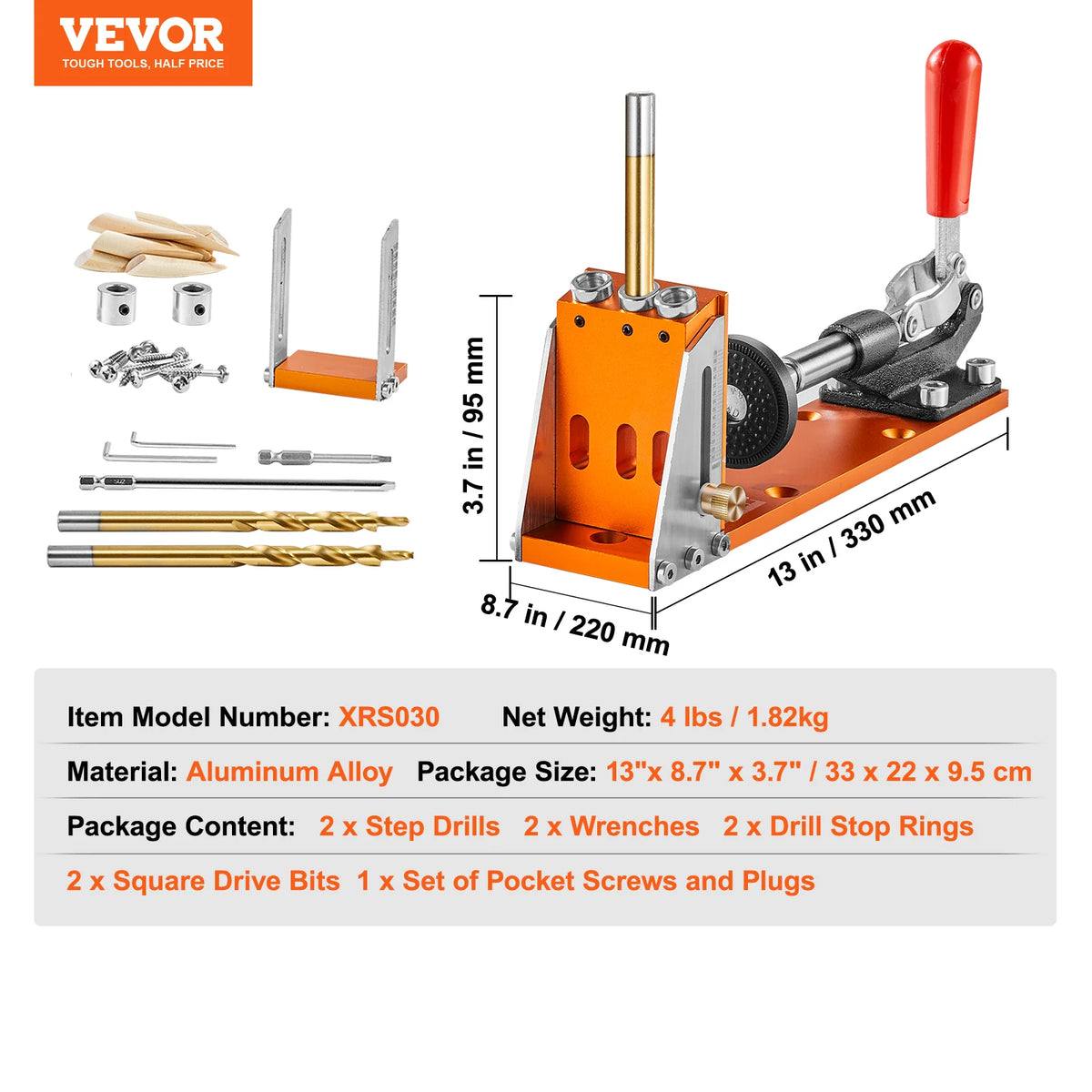 Orange and silver precision pocket hole jig kit for woodworking with drills wrenches and hardware