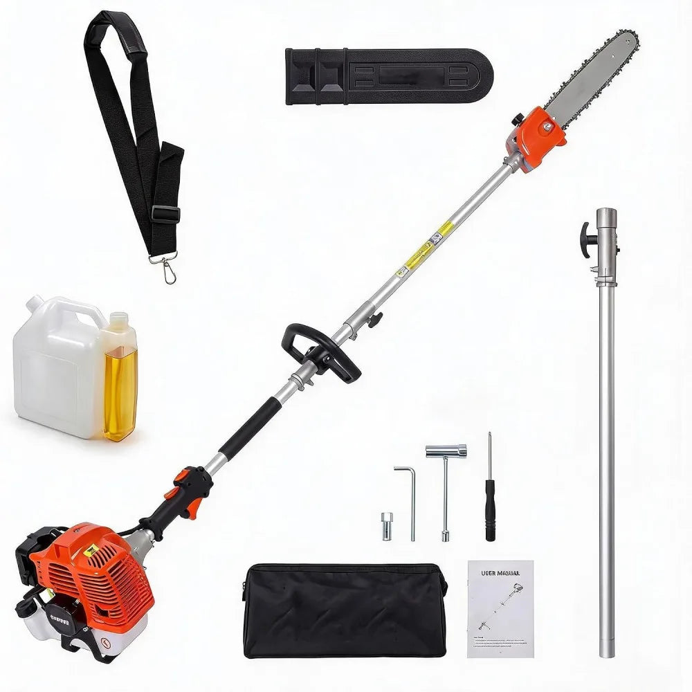 A professional 2-stroke gas pole saw for tree trimming with various accessories shown.