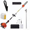 A professional 2-stroke gas pole saw for tree trimming with various accessories shown.