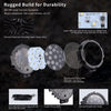 A set of rugged LED driving lights featuring a diecast aluminum housing, reinforced PMMA lens, and various mounting options.