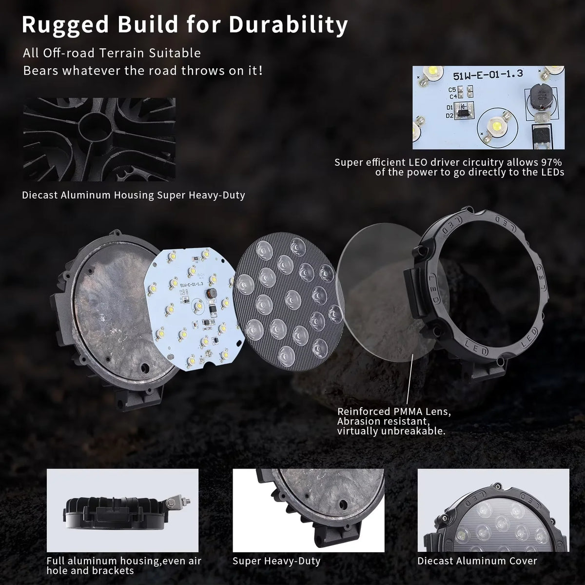 A set of rugged LED driving lights featuring a diecast aluminum housing, reinforced PMMA lens, and various mounting options.