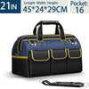 A navy blue heavy-duty tool storage bag with black accents and a black strap is shown.