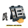 A black drill holster with a silver tool holder and an orange clip.