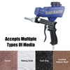 A blue pneumatic sandblasting gun is shown next to various media types including garnet, baking soda, coal slag, and crushed 
