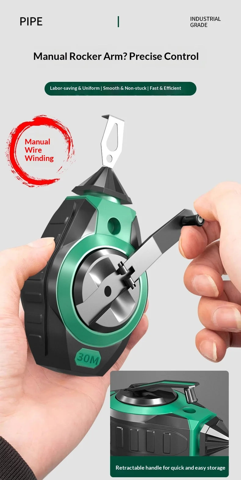 A hand holds a manual rocker arm tool for precise control and wire winding, showing the device's design.