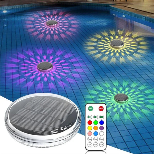 A solar floating pool light fixture is shown above a tiled pool, with a remote control nearby.