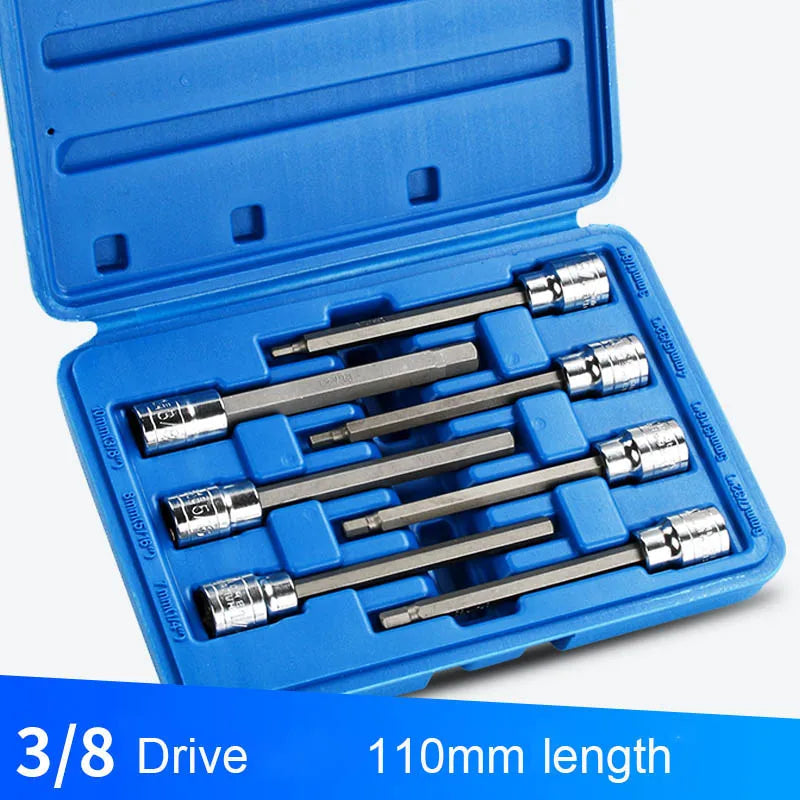 Blue case containing a set of 3/8 drive, 110mm long hex socket bits.