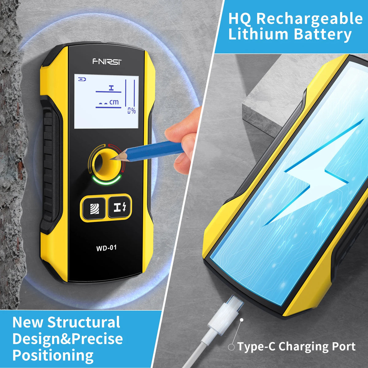 A yellow F-NIRS rechargeable lithium battery device is shown with a finger pointing to the display, highlighting its new stru