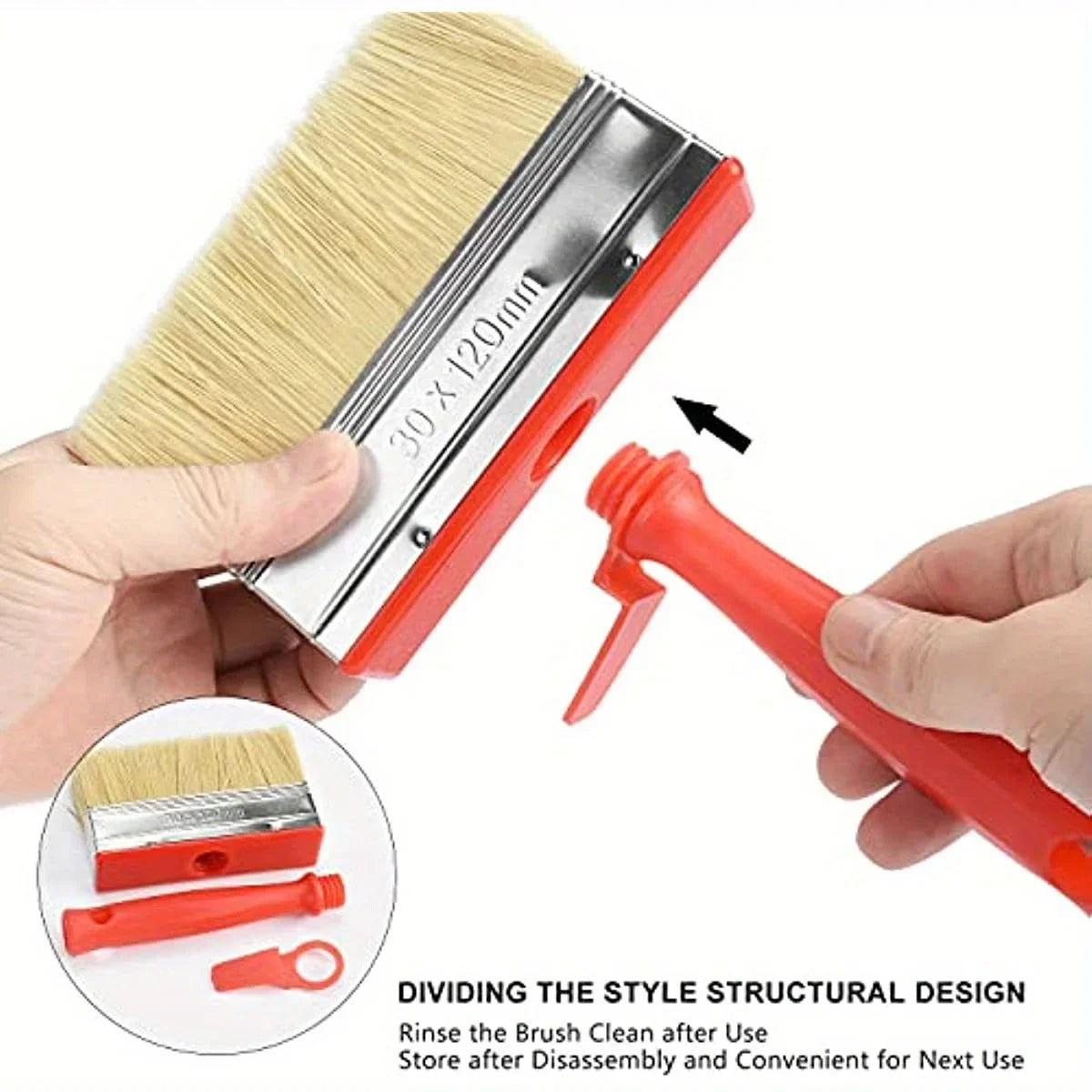 A hand holds a red paint brush with a natural fiber brush head and a separate cleaning tool, demonstrating the brush's design