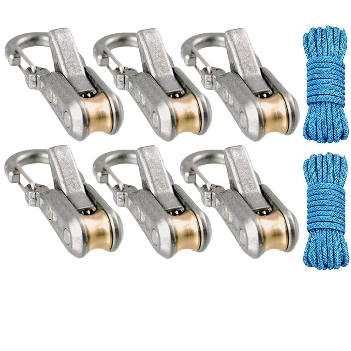 Set of heavy-duty silver and gold retractable tie down rope clips and blue cord.