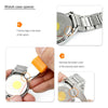 Instructions for using a watch case opener to access the back of a watch.