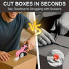 A person uses a pink electric cutting box to quickly cut cardboard boxes, contrasting with traditional scissors.