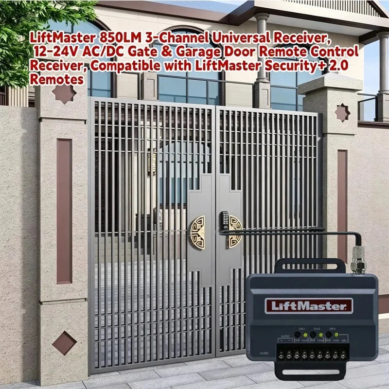 LiftMaster 850LM 3-Channel Universal Receiver, including gate and garage door remote controls.