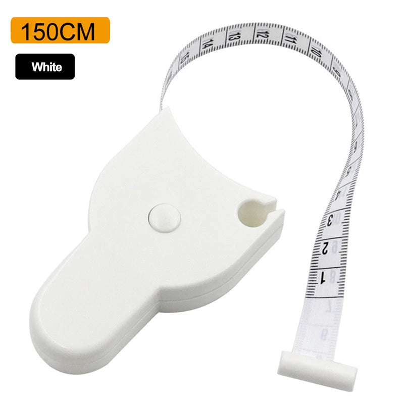 A white portable telescopic health tape measure is shown next to a white plastic device.