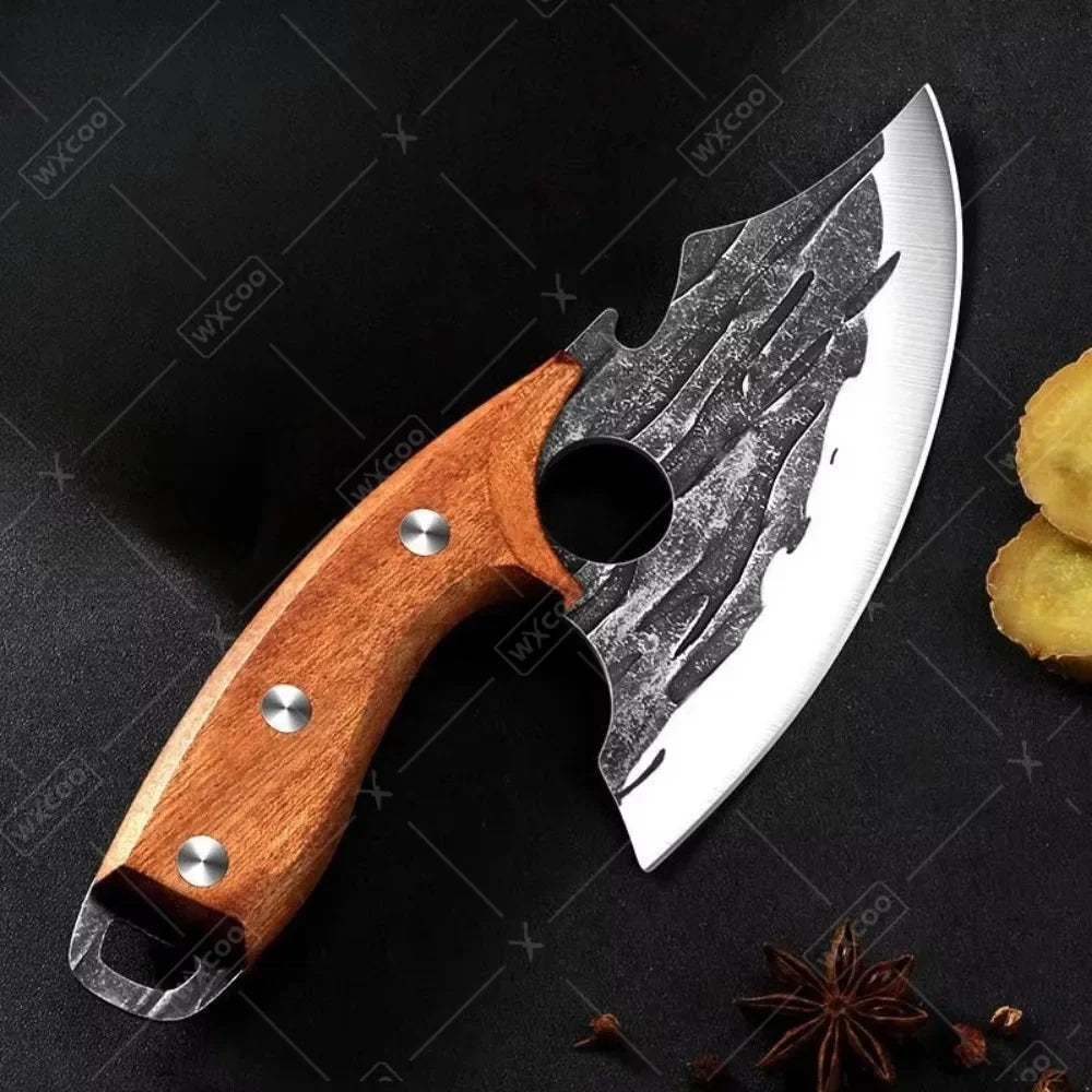 A forged stainless steel boning knife with a wooden handle and bottle opener, shown against a dark background.