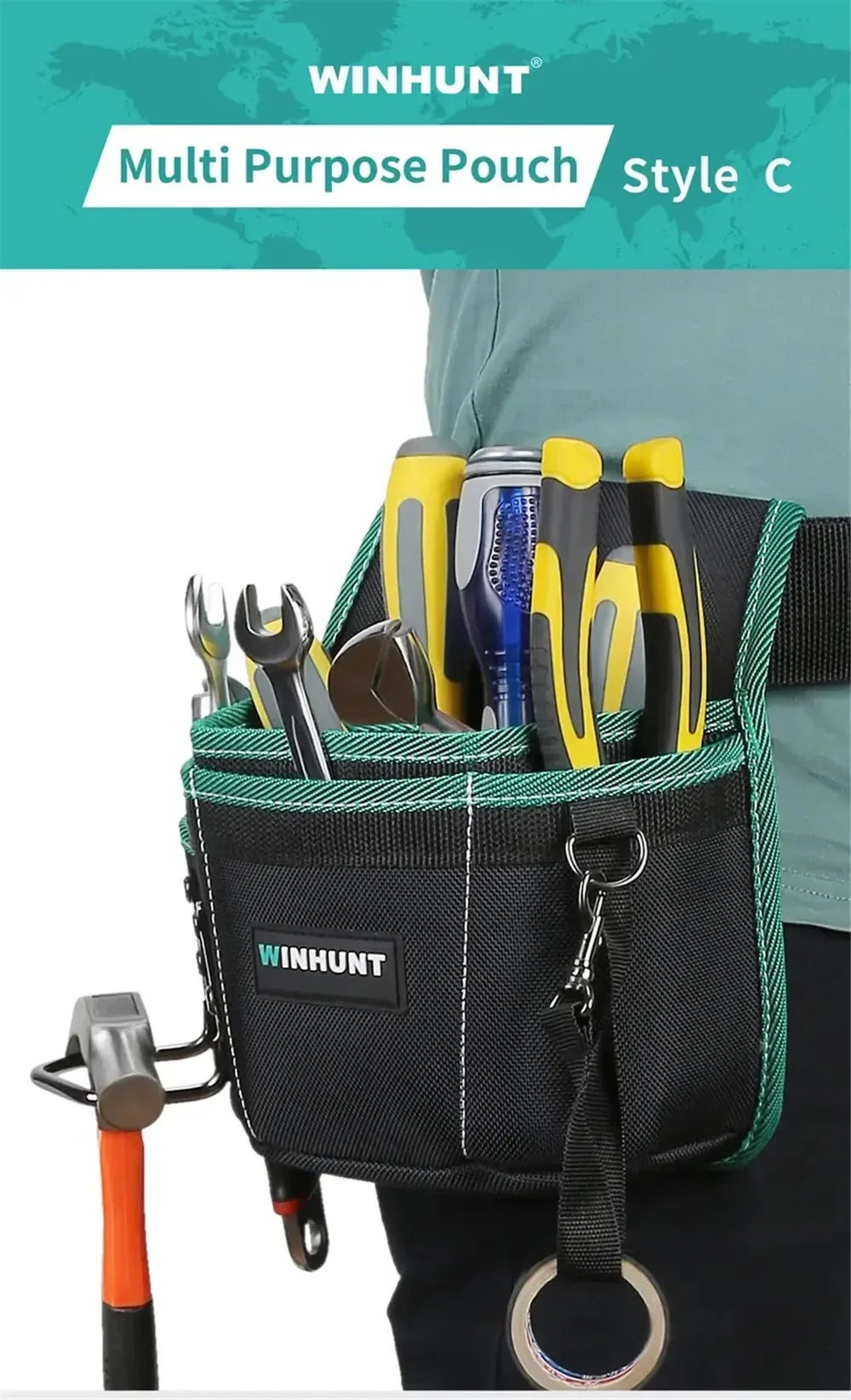 A black and green Winhunt multi-purpose pouch filled with various tools like pliers and screwdrivers.