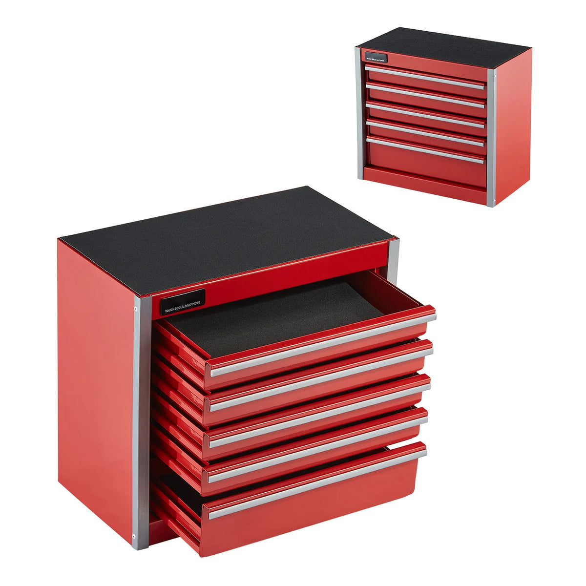 A red and black portable toolbox with five drawers is shown from the side.