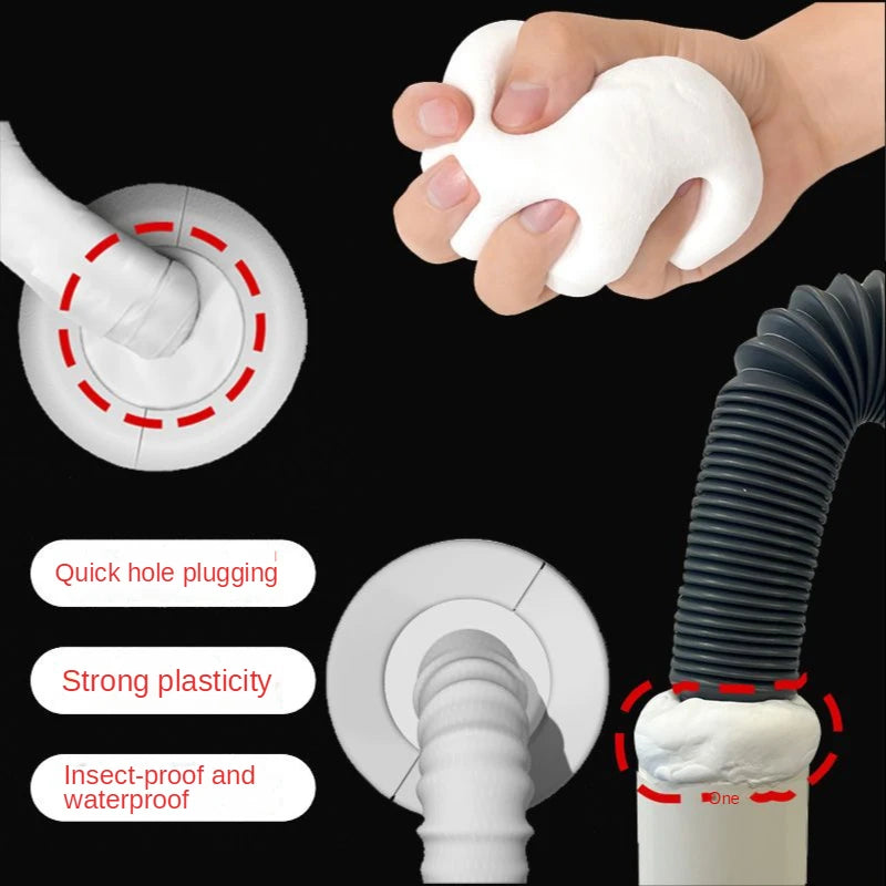 A hand is shown applying white putty to a circular sealing device, demonstrating strong plasticity and insect-proof sealing.