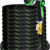 Black garden hose with a green spray nozzle and brass connector.