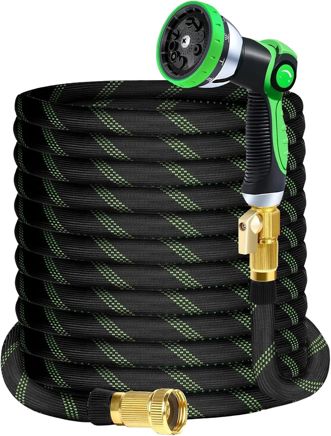 Black garden hose with a green spray nozzle and brass connector.