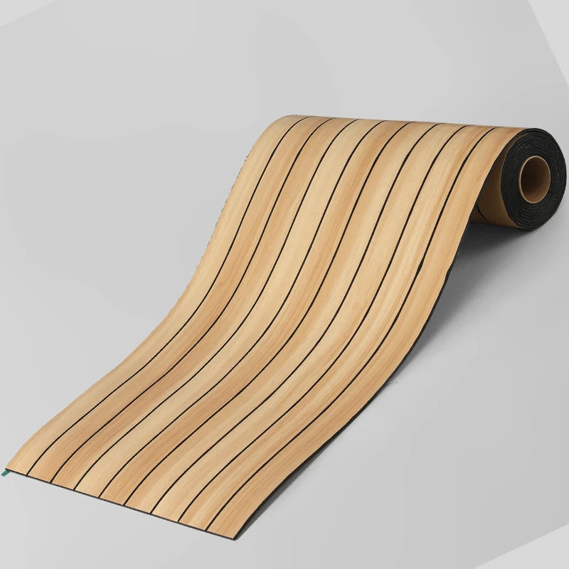A roll of wood grain wall decal sticker with vertical lines, showing a light brown natural wood texture.