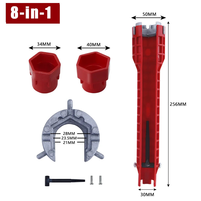 An 8-in-1 tool set featuring a red handle, various sized openings, and a metal jaw for sink and pipe work.
