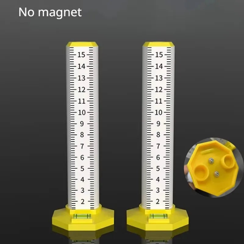 A yellow precision ceiling leveling tool with a graduated scale and a yellow hexagonal tip for tile and wall installation.