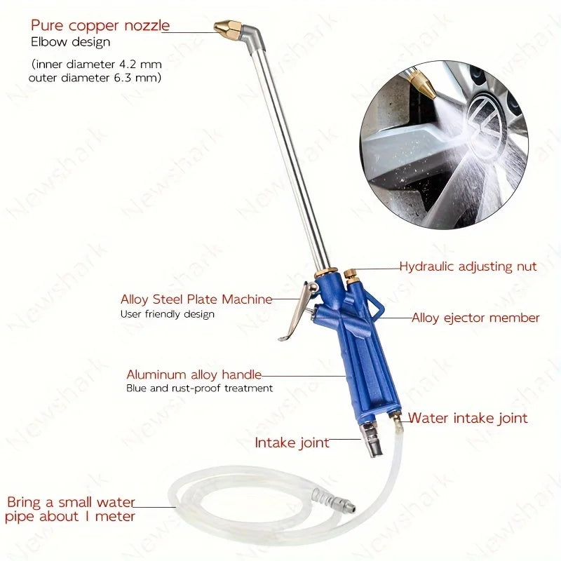 A blue pneumatic water gun with a pure copper nozzle and alloy ejector member for cleaning.