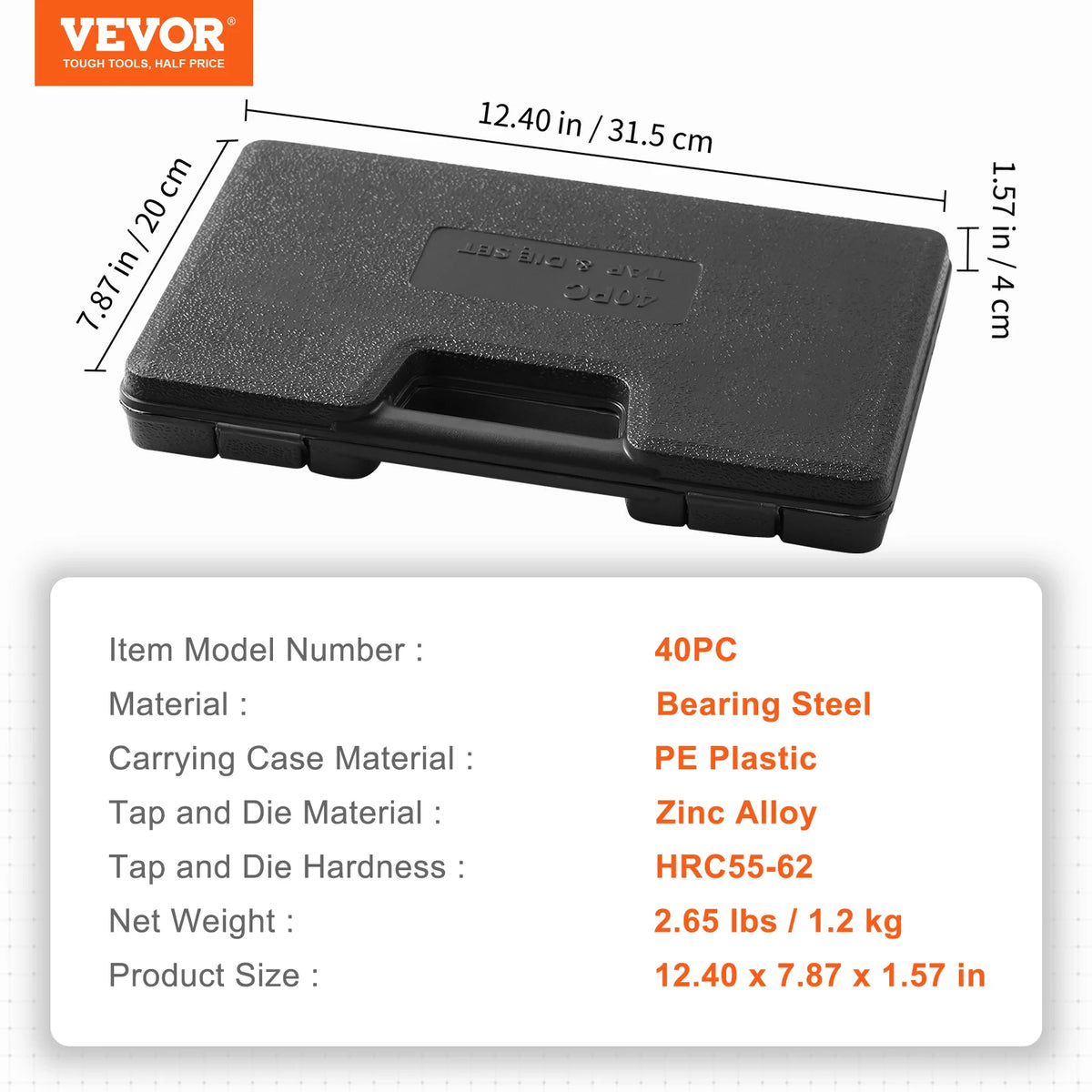 Black carrying case for a professional tap and die set made of PE plastic and zinc alloy.