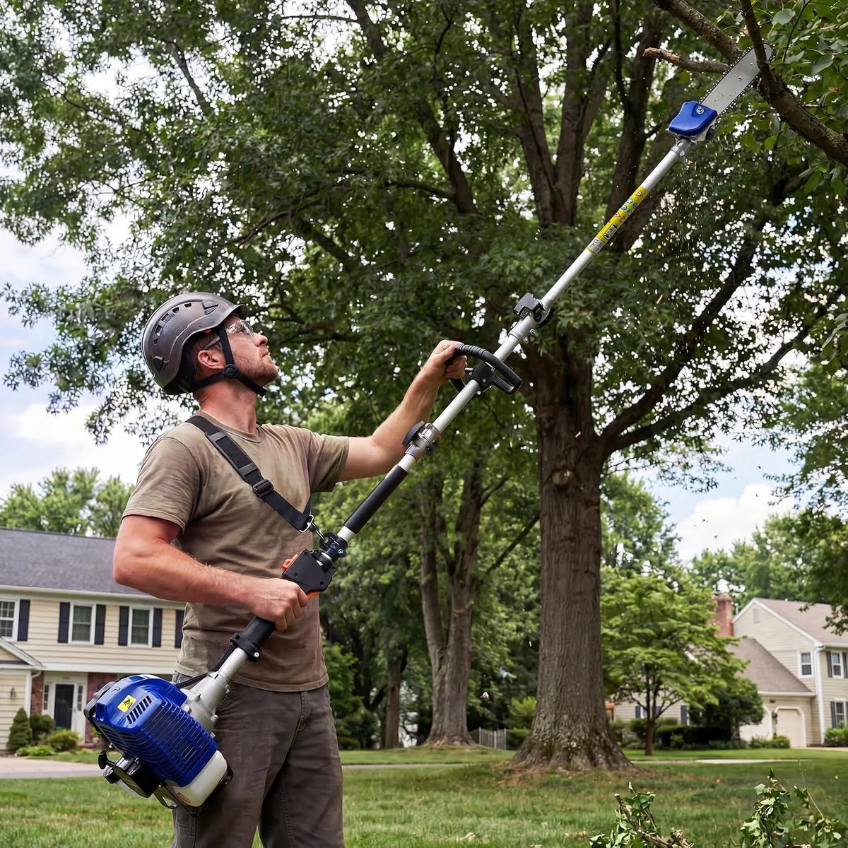 A man operates a professional 2-stroke gas pole saw for tree trimming in a grassy outdoor setting.