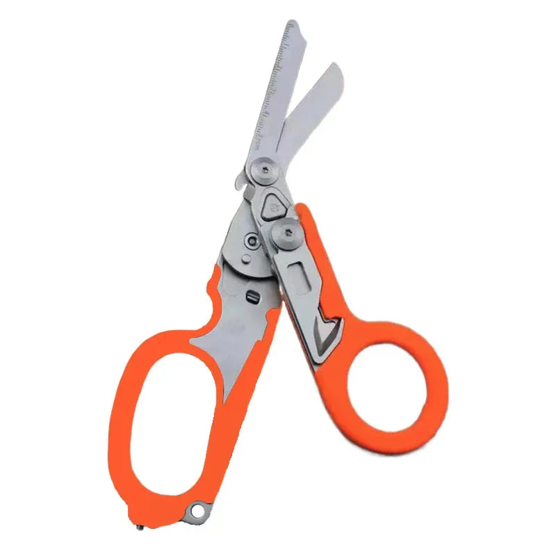 A pair of orange tactical foldable shears with silver blades shown against a white background.