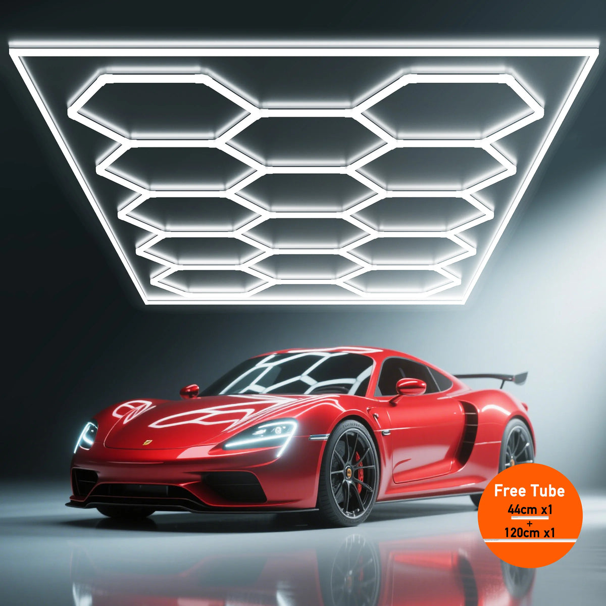 A red sports car is positioned in front of a bright white hexagonal LED ceiling light panel.