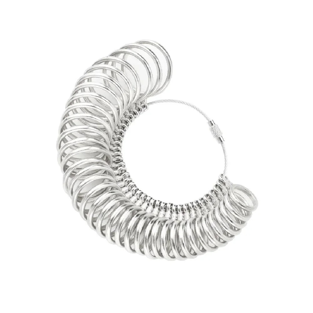 A silver precision metal ring sizer kit with multiple coiled rings.