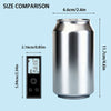 A silver cylindrical laser distance meter is shown next to a ruler for size comparison.
