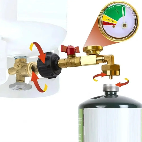 A close-up view of an explosion-proof gas tank connector adapter with a pressure gauge and brass fittings.