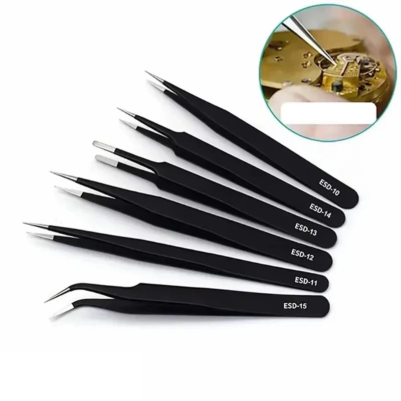A set of black precision stainless steel tweezers with various sizes labeled ESD-10 through ESD-15, shown next to a gold-colo
