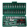 A green storage box containing a 46-piece socket wrench and screwdriver repair kit with various tools.