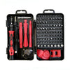 A black precision screwdriver repair kit with various tools and bits in an open case.